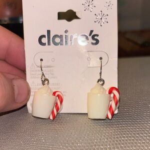 Claire's Cream Mug Earrings with Red Candy Cane